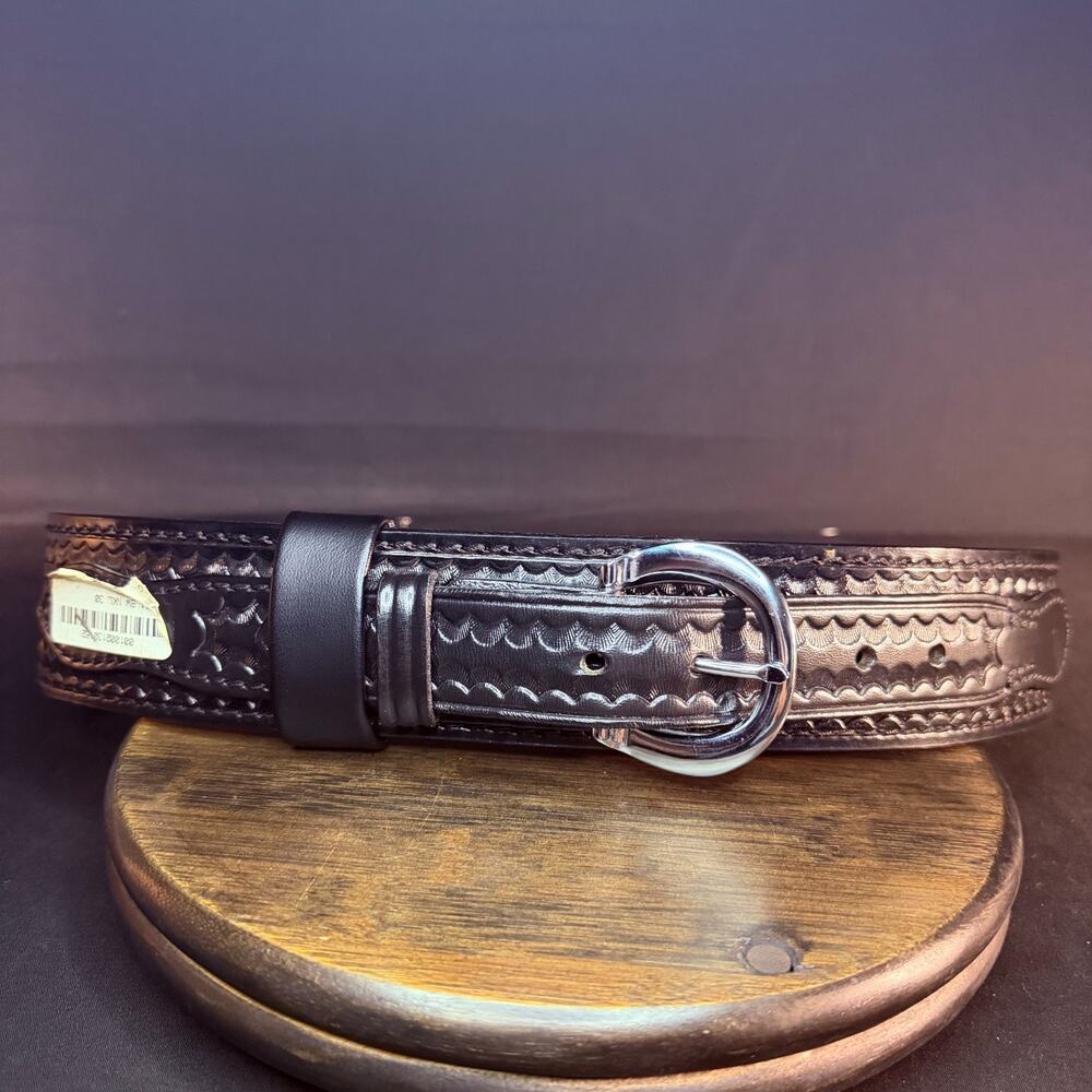 Dutyman River Belt Size 30" Tooled Leather Black Basketweave Nickle Buckle 1121U
